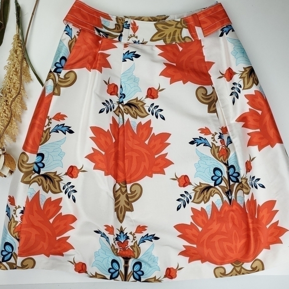 Talbots Silk Orange Wht Floral Boho Belted Skirt Size 4 - Picture 2 of 13